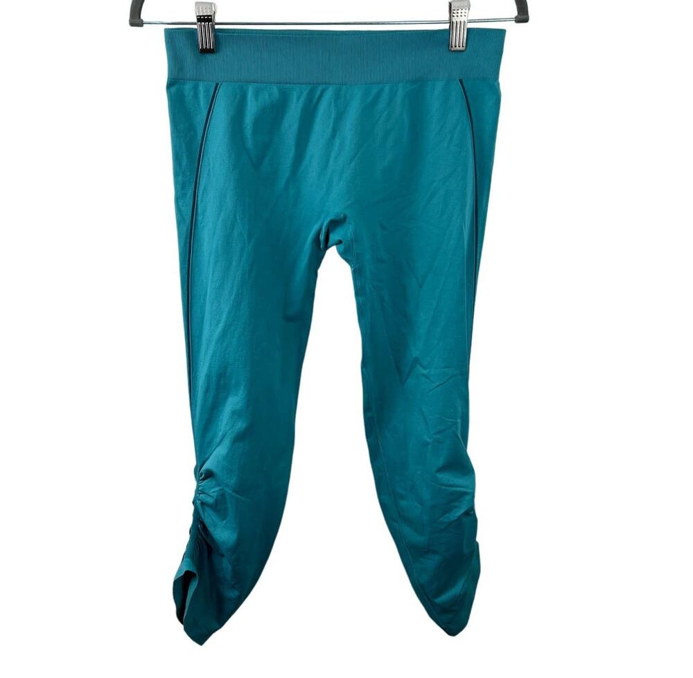 Unity Blue Teal Ruched Ankle Capri Leggings Cropped Seamless Active Yoga USA L